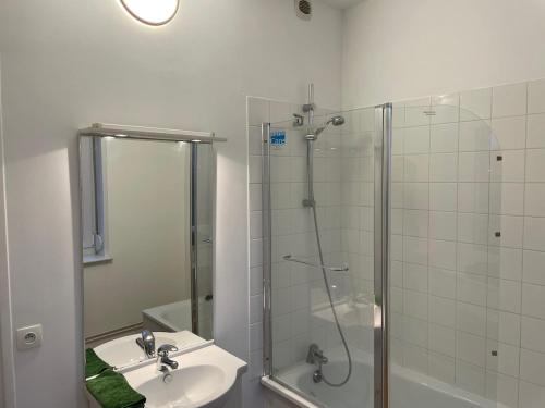 a bathroom with a shower and a sink and a shower at Esprit Gare in Haubourdin