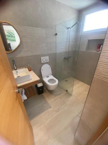 a bathroom with a toilet and a sink and a shower at Apartamento Vacacional Coral Azul - SBH in Bayahibe