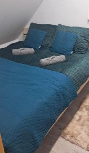 a bed with blue sheets and pillows in a room at Niesamowita Dolina in Zdonia