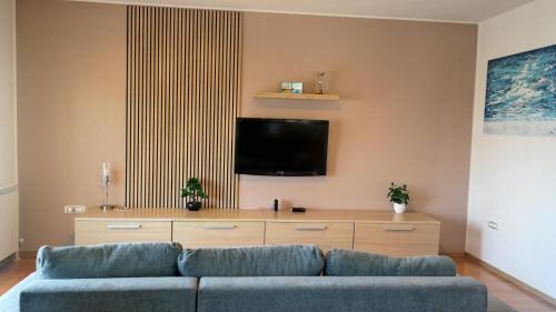 a living room with a blue couch and a flat screen tv at Apartment Sarah in Čavle
