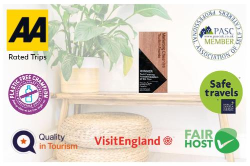 a basket stool and a plant on a shelf at Enjoy the Pause Holiday Home, Chester in Chester