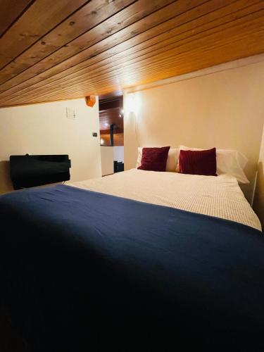 a bedroom with a large bed with red pillows at Chiasso Swiss Apartment by RentuGoo Travel in Chiasso