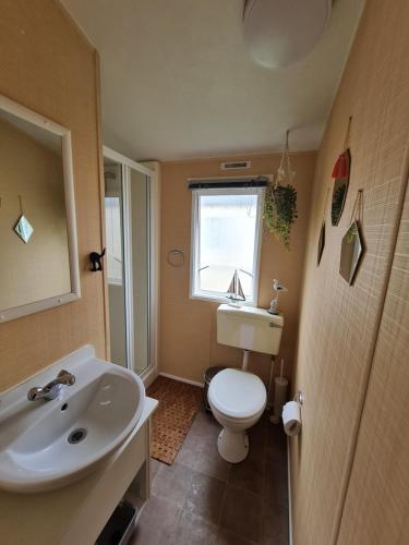 a bathroom with a toilet and a sink and a window at Caravan Galiccy in Kinmel Bay
