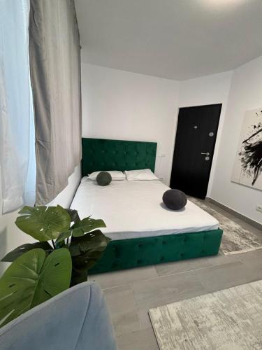 a bedroom with a bed with a green headboard and a plant at EriSSSo House Murfatlar in Murfatlar