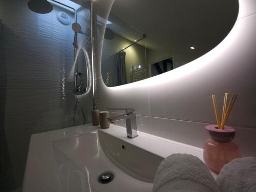 a bathroom with a sink and a large mirror at Le Perchoir Charm and light in Pau