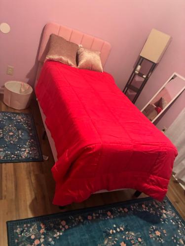 a red bed in a room with two rugs at The Relaxing Home in Memphis