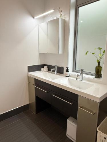 a bathroom with a sink and a mirror at Home Inn Timaru in Timaru