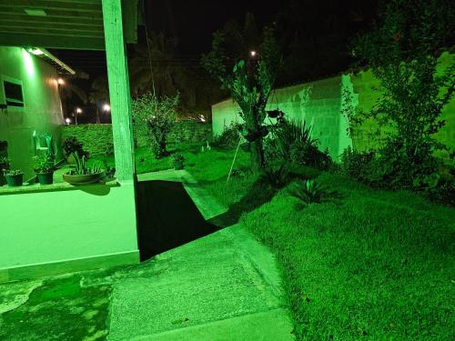 a garden with green lights on the side of a house at Solar das Oliveiras in Ibertioga