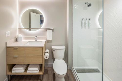 a bathroom with a shower and a toilet and a sink at TownePlace Suites by Marriott Canfield in Canfield