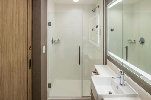 a bathroom with a shower and a sink and a mirror at SpringHill Suites by Marriott Canfield in Canfield