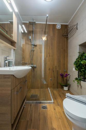 a bathroom with a shower and a white sink at Vista Magica in Chania