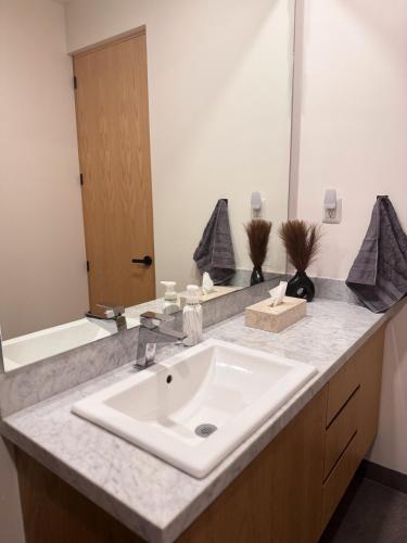 a bathroom with a white sink and a mirror at Cielo Suites in Oaxaca City