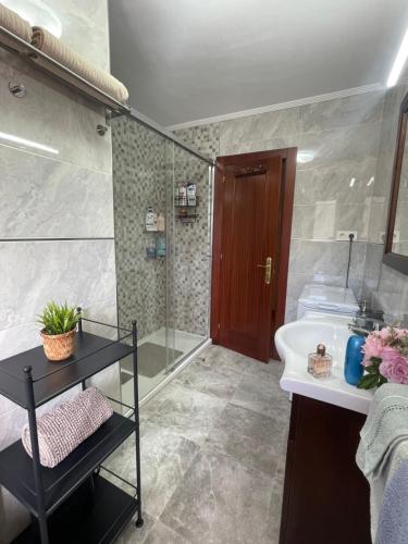 a bathroom with a shower and a sink and a tub at Casa Pilar Casa Llara, En el paraíso, cerca de todo in Ujo