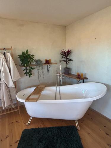a white bath tub in a room with at מים במדבר in Zuqim