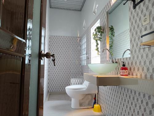 a bathroom with a sink and a toilet and a mirror at Nyoman Guest House in Singaraja
