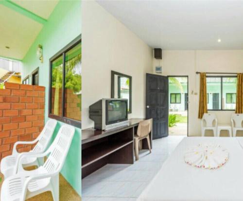 two photos of a living room with a tv at Baantonsai Garden Resort in Patong Beach