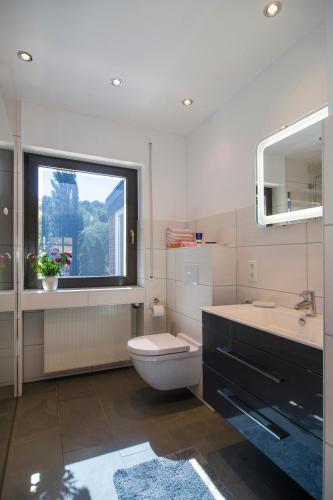 a bathroom with a toilet and a sink and a window at Ferienhaus Faltmann in Heimbach