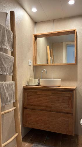a bathroom with a sink and a mirror at The Beach Garden Apt. in Caesarea