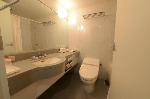 a bathroom with a toilet and a sink and a mirror at Hotel Flags Isahaya Nagasaki in Isahaya