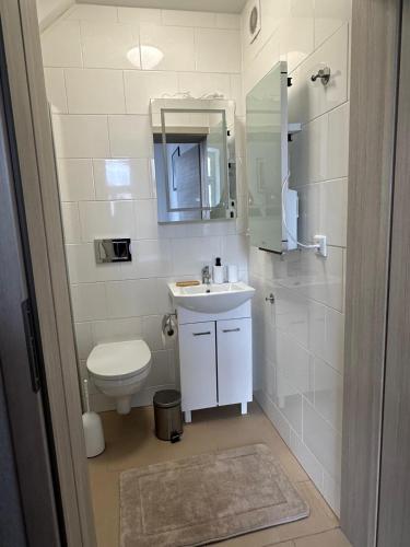 a bathroom with a toilet and a sink and a mirror at Appartement 3 in Diemelstadt 