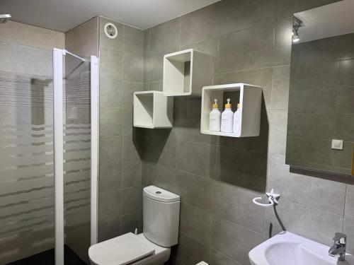 ein Badezimmer mit Toilette, Waschbecken und Dusche in der Unterkunft Piso do Espolón in Padrón
