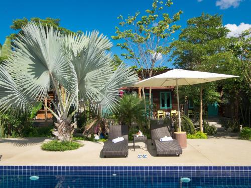 - une piscine avec des chaises, un parasol et des palmiers dans l'établissement Baan Chokdee Pai Resort, à Pai