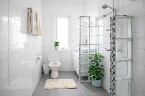 a white bathroom with a toilet and a shower at HaHa Gothenburg City Apt for 2 in Gothenburg