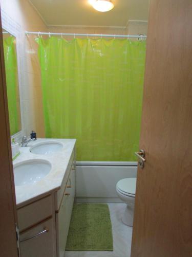 uma casa de banho com uma cortina de chuveiro verde e um WC. em Holaias Holidays em Lisboa