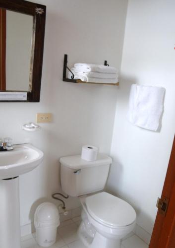 a white bathroom with a toilet and a sink at Hotel Veraneras del Quindío in Pueblo Tapao