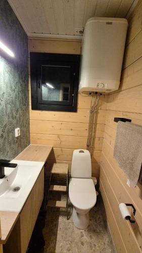 a small bathroom with a toilet and a sink at Sauna by Lake Saimaa in Savonlinna