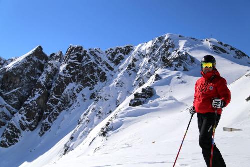 a person on skis standing on a snow covered mountain at Ronalds Appartements in Sankt Leonhard im Pitztal