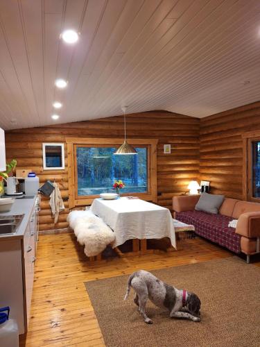 a kitchen with a table and a dog in a room at Beautiful Cottage at Lake Saimaa, Rantamaja in Juva