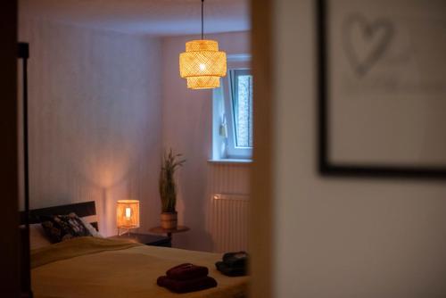 a bedroom with a bed with a lamp and a window at Schnuckenstube Souterrain im Grünen in Schneverdingen