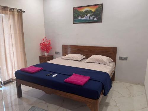a bedroom with a bed with two red pillows on it at Nisarg Forever Resort in Jāmb