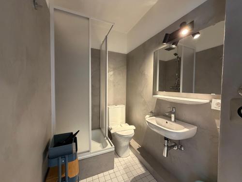 a bathroom with a sink and a toilet and a mirror at Beachfront Studio - 1 Strandreihe in Scharbeutz