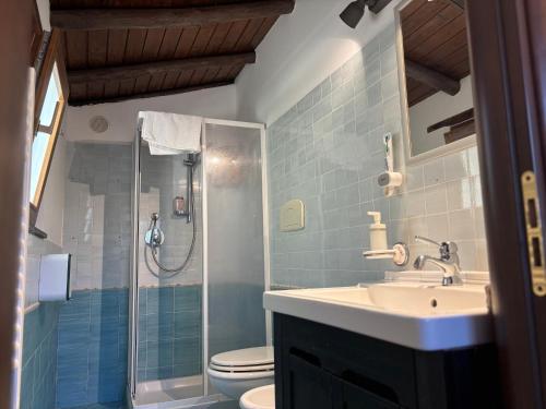 a bathroom with a sink and a shower and a toilet at Soffio dell'Etna in Puntalazzo