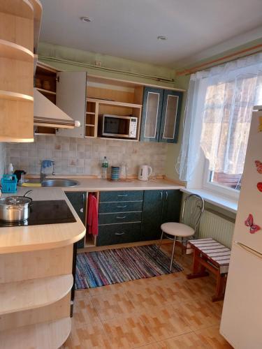 a kitchen with green cabinets and a counter top at Butas in Gaveikėnai
