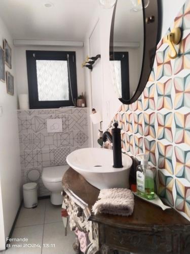 a bathroom with a sink and a toilet and a mirror at Studio CAP à CAP in Mimizan