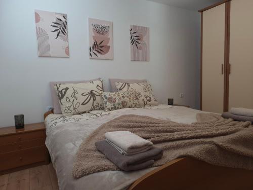 a bedroom with a bed with a blanket and pillows at Pauza Plac in Žitence
