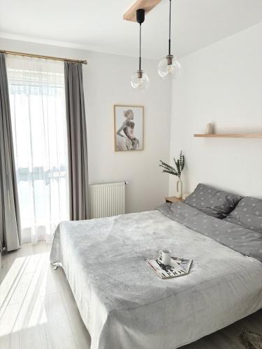 a bedroom with a large bed with a tray on it at Apartament Stare Miasto 2 in Elblag