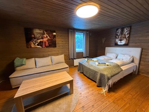 a living room with a bed and a couch at Holiday Suite in Bugøynes