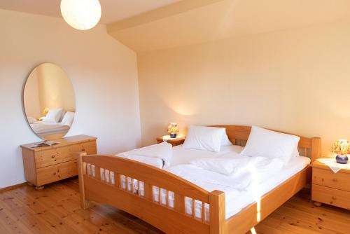 a bedroom with a large bed and a mirror at Traussegghof Ferienhaus Familie Uhl in Tanzelsdorf