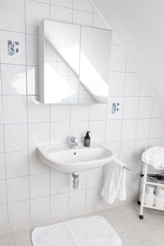 a white bathroom with a sink and a mirror at Traussegghof Ferienhaus Familie Uhl in Tanzelsdorf
