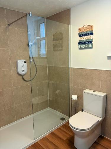 a bathroom with a toilet and a glass shower at Lower Flat Hillhouse in Portree
