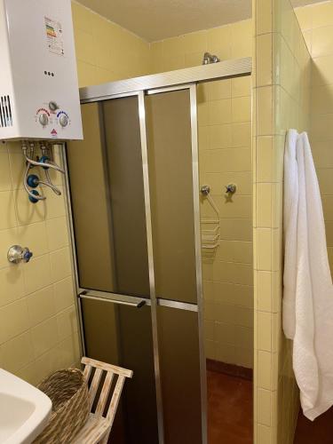 a bathroom with a shower and a sink at Campos do Jordão à moda antiga in Campos do Jordão