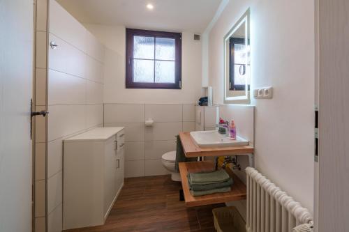 a bathroom with a sink and a toilet and a window at Adlerhorst in Bad Wörishofen