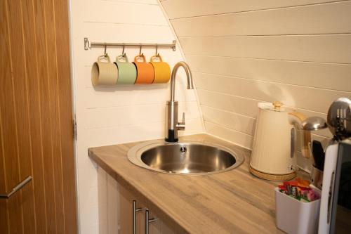 a kitchen counter with a sink in a kitchen at Jerusalem Farm Pods in Tranent