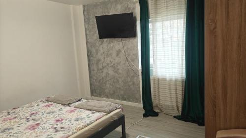 a bedroom with a bed and a television on a wall at Ultracentral Biblioteca in Caracal