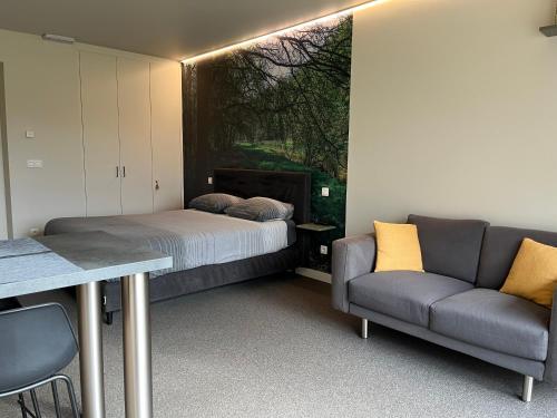 ein Zimmer mit einem Bett, einer Couch und einem Tisch in der Unterkunft Bleekhoeve in Olen