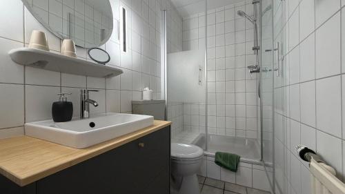 a bathroom with a sink and a toilet and a shower at Hotel Wuelfers Gasthaus in Groß Ippener